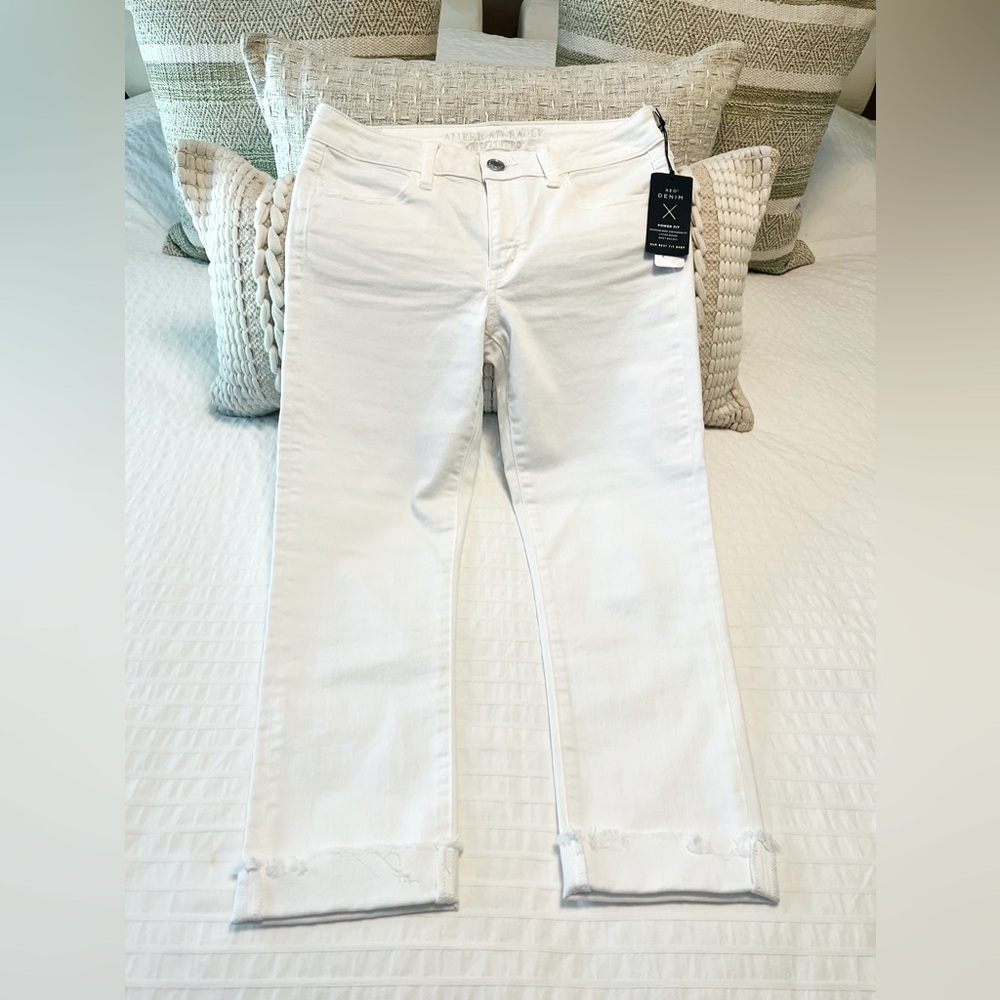 🤍American Eagle White Super Stretch Raw Hem Cropped Jeggings/Jeans NWT, Size 8